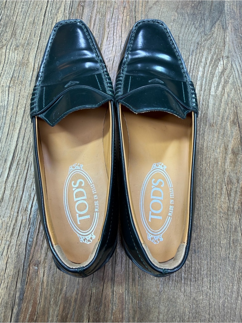 Tod's Women's Dark Green Leather Penny Loafers Size 37 ~ US 7 - Picture 5 of 15